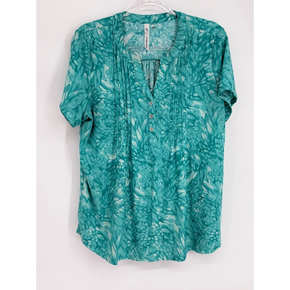 NY Collection Womens Teal Abstract Burnout Pintuck‎ V-Neck Top Sz L